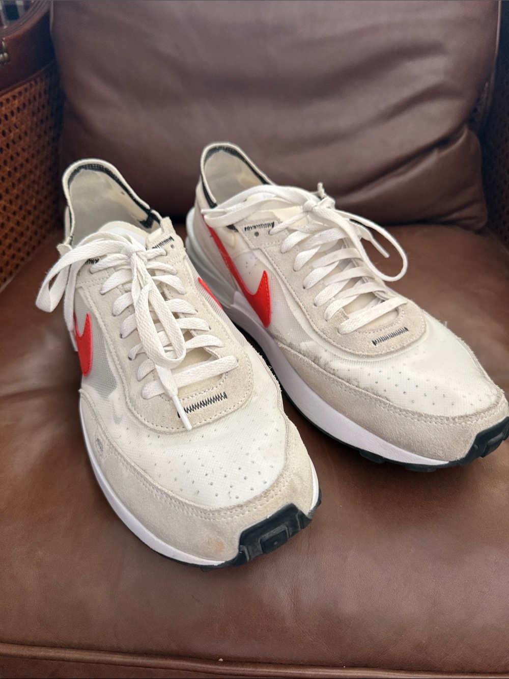 Nike Off-White/Tan Suede & Mesh Sneakers with Orange Swoosh